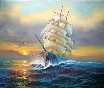 Warship Painting - Sailboats and seagull battleships